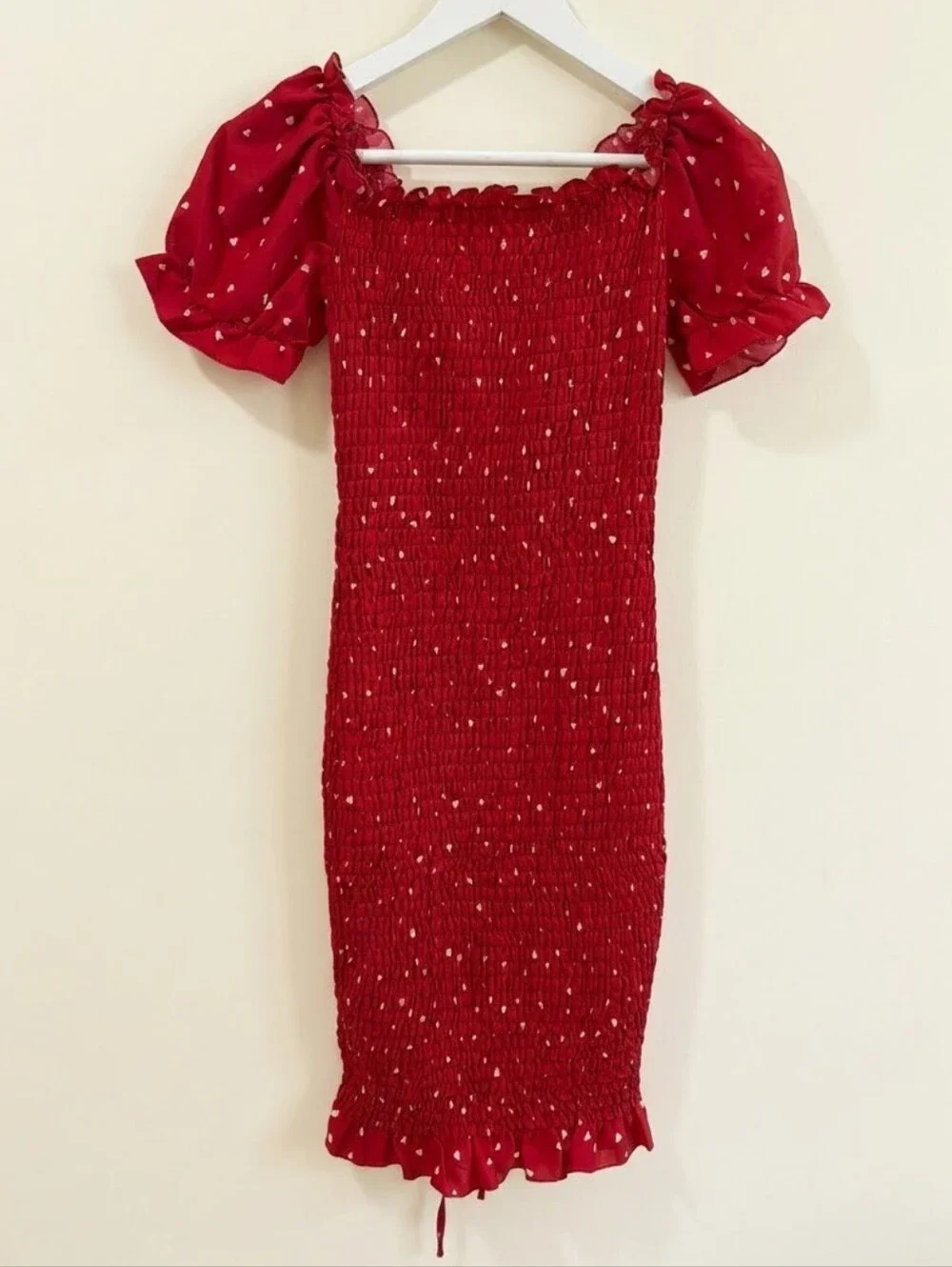 Red Smocked Heart Print Off the Shoulder Ruched Mini Dress Medium Valentine